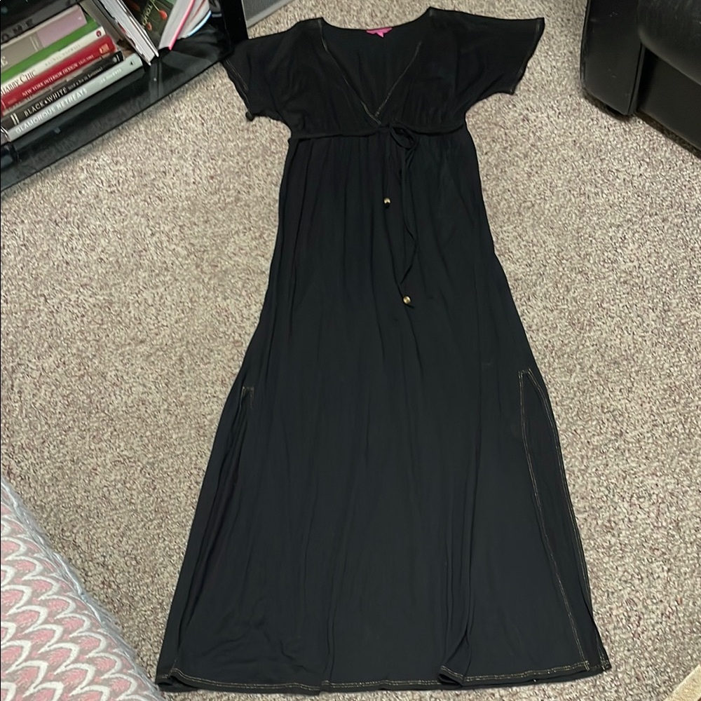 Monsoon Black wrap bust tie string waist Maxi Dress with gold thread accent
